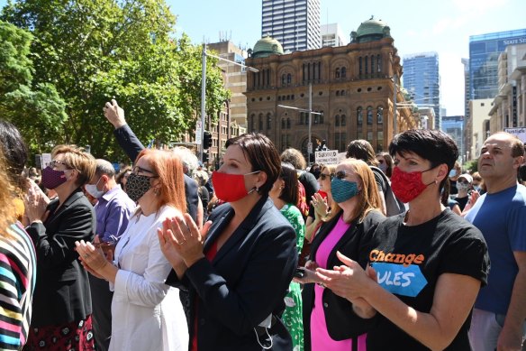 NSW Opposition Leader Jodi McKay, centre, at the rally. 