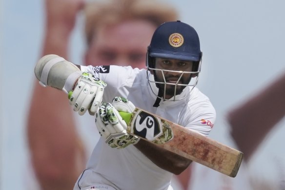 Sri Lanka’s Dimuth Karunaratne plays a shot in Galle, Sri Lanka.