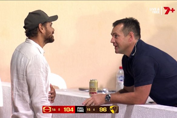 Cyril Rioli caught up with former captain Luke Hodge in Darwin on Thursday night.