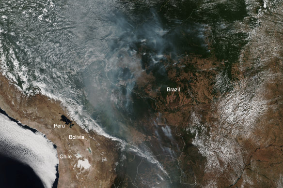 This true-colour image, published on August 13, was captured by the VIIRS sensor onboard NOAA-20. The smoke from the Amazonian fires can be clearly seen.