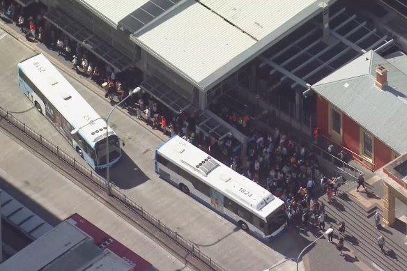 Aerial photo above Parramatta train station as the rail system crashed on March 8, 2023. 