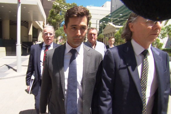 Insider trading accused Cameron Waugh outside court.