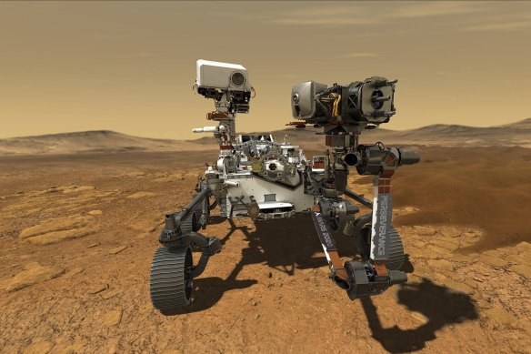 An illustration of NASA’s Perseverance rover operating on the surface of Mars.
