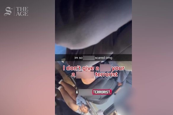A screengrab from a video  depicting a 13-year-old girl being verbally abused by a man on a Sydney bus. 