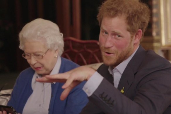 Harry hams it up with his grandmother in a video “battle” with Barack and Michelle Obama as part of a video promotion for the Invictus Games.