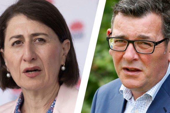 Victorian Premier Daniel Andrews (right) says NSW Premier Gladys Berejiklian (left) is in a “sprint while the rest of us are supposed to do some egg and spoon thing”.