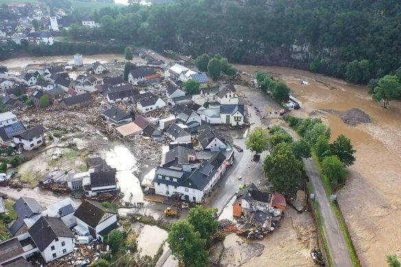 A drone shot shows the devastation caused by the flooding of the Ahr River in Schuld.