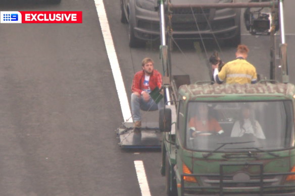 Ryan Gosling filming his new movie on the Sydney Harbour Bridge on Sunday morning.