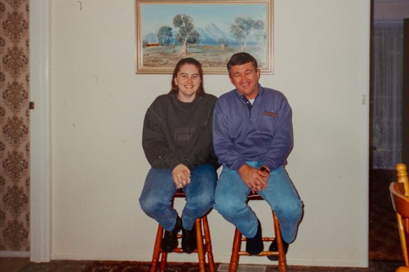 Premier Jacinta Allan, age 19, at her family home with father Peter Allan. 