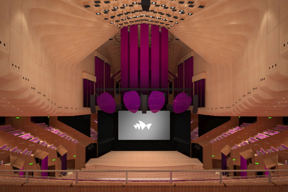 A render of the completed renovation of the Concert Hall at the Sydney Opera House. 