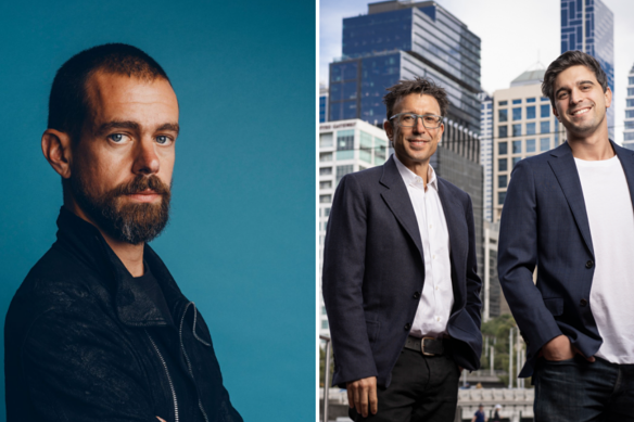 Jack Dorsey of Square, left, and Anthony Eisen and Nicholas Molnar of Afterpay. 