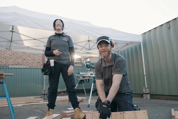 Masters’ apprentices: Becky Lucas and Hamish Blake attempt to learn carpentry, and manage to keep all fingers intact.