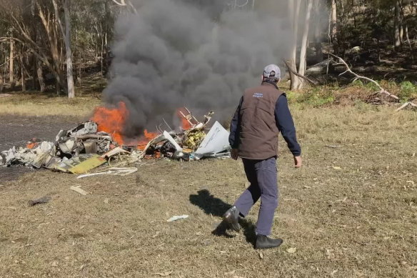 The scene of the helicopter crash at South Maroota where a pilot died on Saturday.