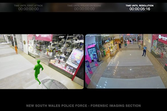 The computer-generated video shows the moment Inspector Amy Scott faces down Joel Cauchi.