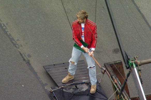 Actor Ryan Gosling filming The Fall Guy on the Sydney Harbour Bridge.