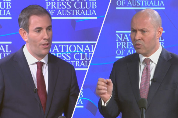 Frydenberg (right) debates Chalmers at the National Press Club.