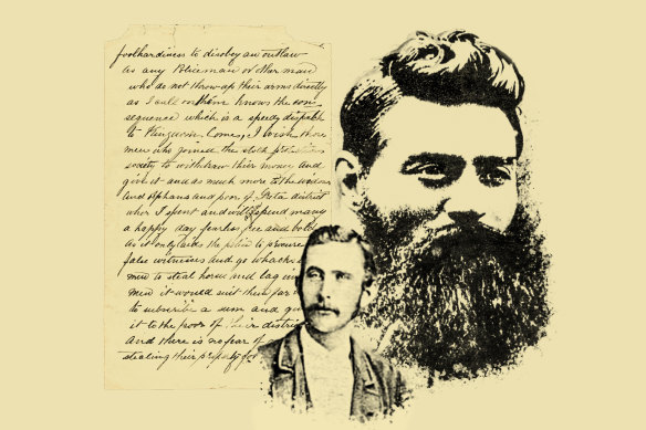 A page of Ned Kelly’s 8000-word-long Jerilderie letter, which he dictated to fellow bushranger Joe Byrne (left). 