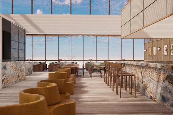 An artist’s render of the dining area in the new The Rayleigh Lounge at Western Sydney International.