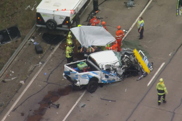 Emergency services at the scene of the crash near Lithgow.