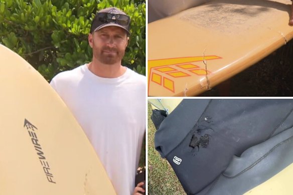 Surfer Paul Zvirzdinas was attacked by a shark which took a bite out of his board and his wetsuit.