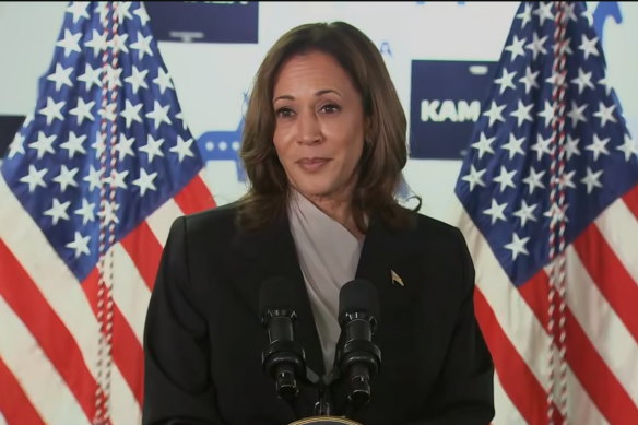 Kamala Harris speaks from what was Joe Biden’s campaign headquarters in Delaware.