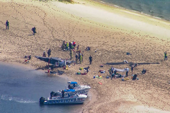 The wreckage of two helicopters near Sea World.