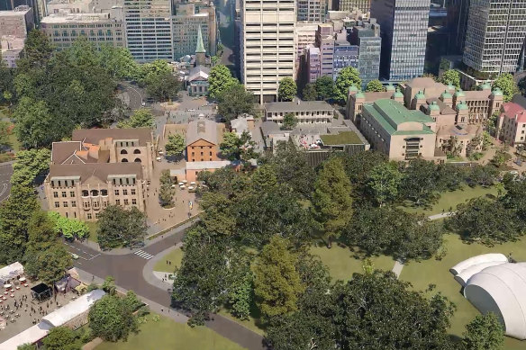 An artist’s impression of the planned outdoor plaza linking Macquarie Street and the Domain. 
