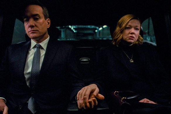 Shiv Roy (played by Australian Sarah Snook) with her on-screen husband Tom Wambsgans (Matthew Macfadyen) in one of the final scenes of Succession.