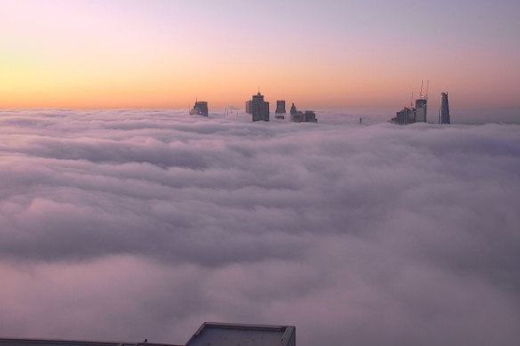 Fog inundates Sydney Harbour, as seen from North Sydney about 5.30am AEDT.
