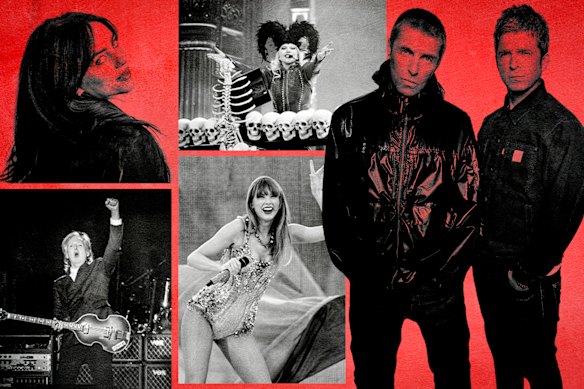 Australians are spending on big name stars like (clockwise from top left) Billie Eilish, Lady Gaga, Oasis, Taylor Swift and Paul McCartney –  but not on smaller local gigs.