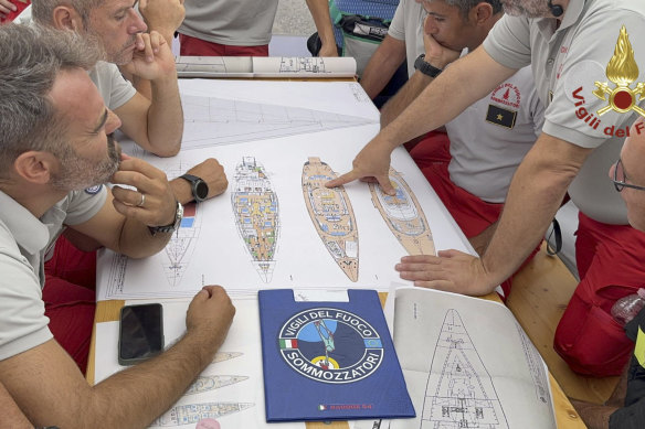 Scuba divers study a map of the sailing yacht Bayesian at the Porticello harbour.