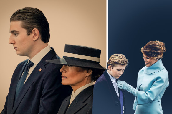 Barron and Melania Trump on Inauguration Day in 2025 and back in 2017.
