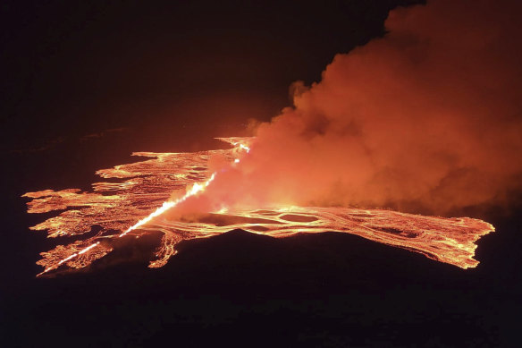 Lava erupting from a volcano in Iceland on Saturday.