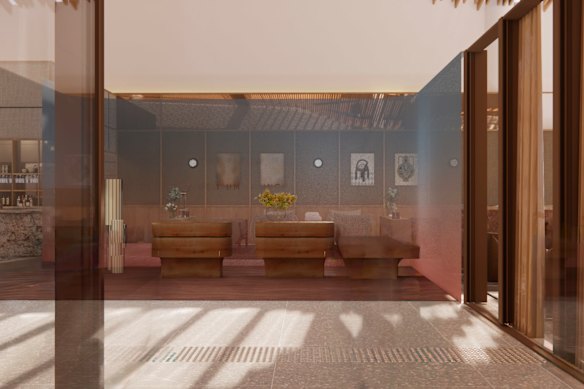 An artist’s rendering of the Western Sydney airport international lounge will reflect the colours of the Blue Mountains.