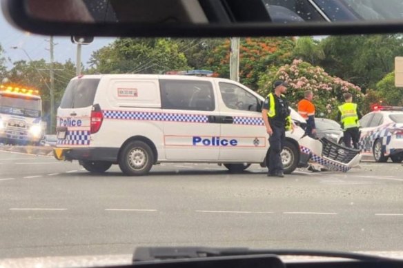 A police car has crashed at a busy intersection in Bald Hills on Brisbane’s northside.