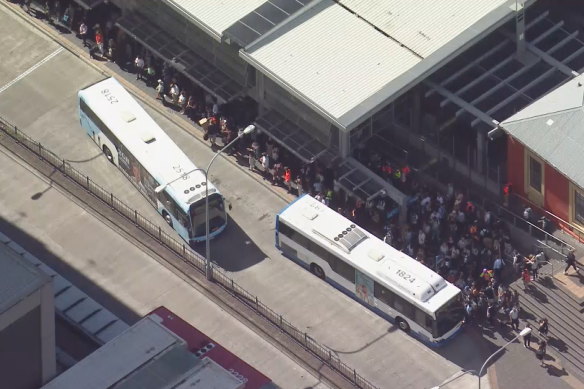 Aerial view above Parramatta station from Wednesday’s train chaos.