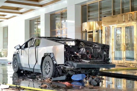 The burnt shell of the Cybertruck involved in the incident. 