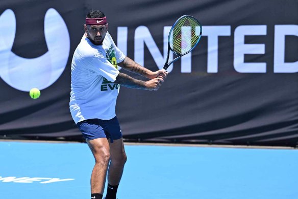 Nick Kyrgios on the training courts on Tuesday.