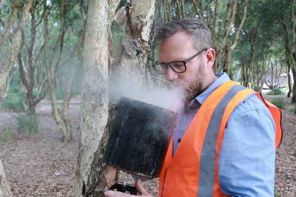 Mosquito expert Dr Cameron Webb setting up a mosquito trap. The traps are packed with dry ice, which emits CO2, attracting mosquitoes who think it’s the breath of an animal they can feed on.