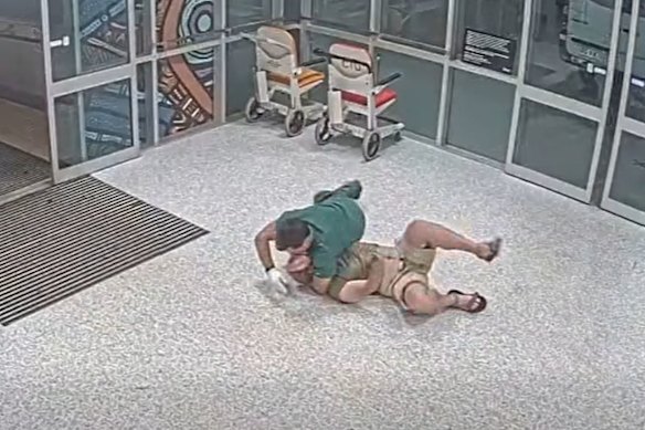 Daniel Nelson wrestled the patient to the floor, pinning him to the ground and restraining him until help arrived almost a full minute later.