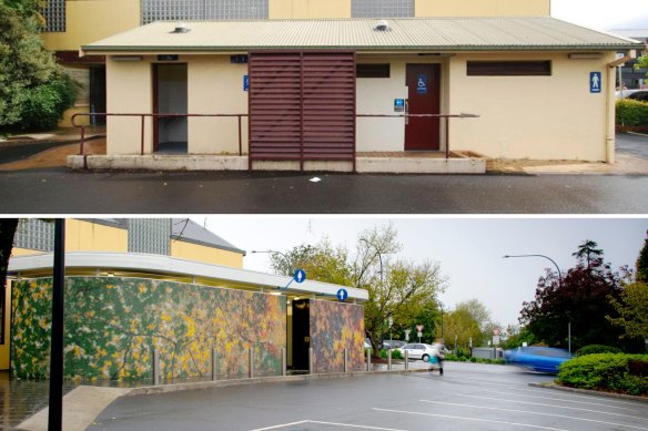 Before and after: The public toilet block in Leura.  New block by Welsh + Major.
