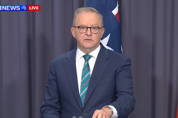 Prime Minister Anthony Albanese at a snap press conference this morning.