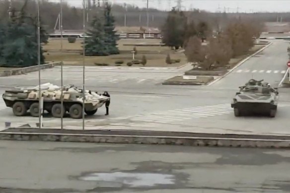 Russian armoured vehicles at the captured Chernobyl nuclear power plant in Pripyat, Ukraine.
