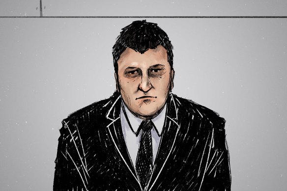 A court sketch of Fisher facing Melbourne Magistrates’ Court in 2022.