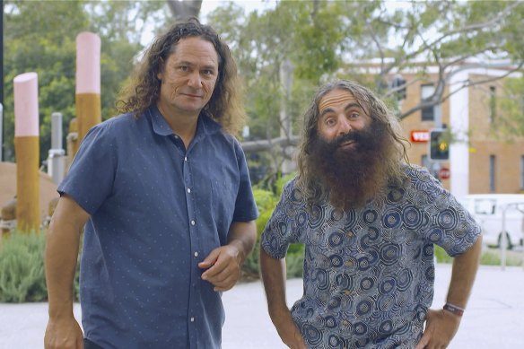 Slockee with Gardening Australia host Costa Georgiadis, who joined the virtual choir to sing O Christmas Tree. 