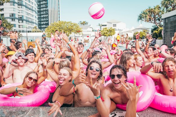 Schoolies enjoying a pool party at the Hilton. School-leavers have been gathering on the Gold Coast for about half a century.