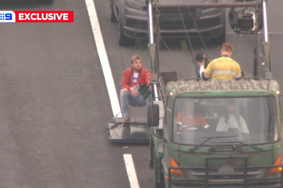 Ryan Gosling filming his new movie on the Sydney Harbour Bridge on Sunday morning.