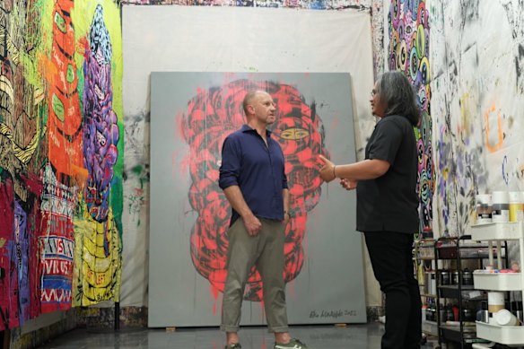 Burke with celebrated Indonesian artist, Eko Nugroho, in the new, Asia-focused ABC-TV program, Culture by Design.