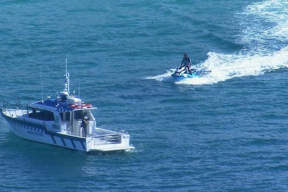 A police Marine Area Command boat at Coogee after Leah Stewart was bitten by a shark last weekend.