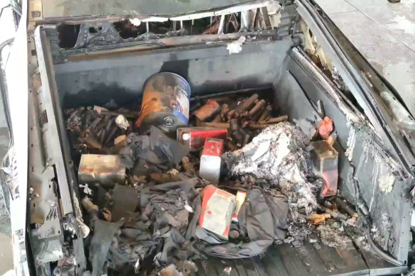 Drone footage released by police of the Cybertruck following the explosion.